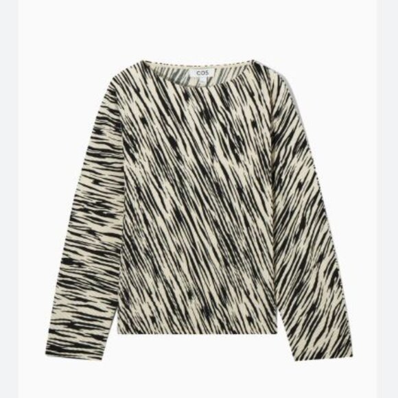 COS Pleated Zebra Top Long Sleeve Rounded Quiet Luxury Minimalist Beige Black XS - Picture 1 of 10